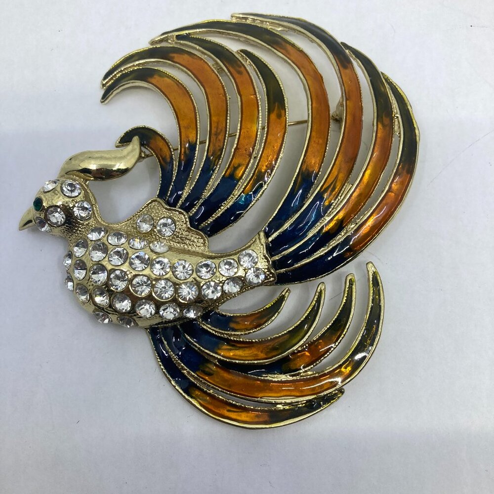 Vtg chunky 4 3/8" Boucher ? enamel rhinestone paradise bird peacock brooch